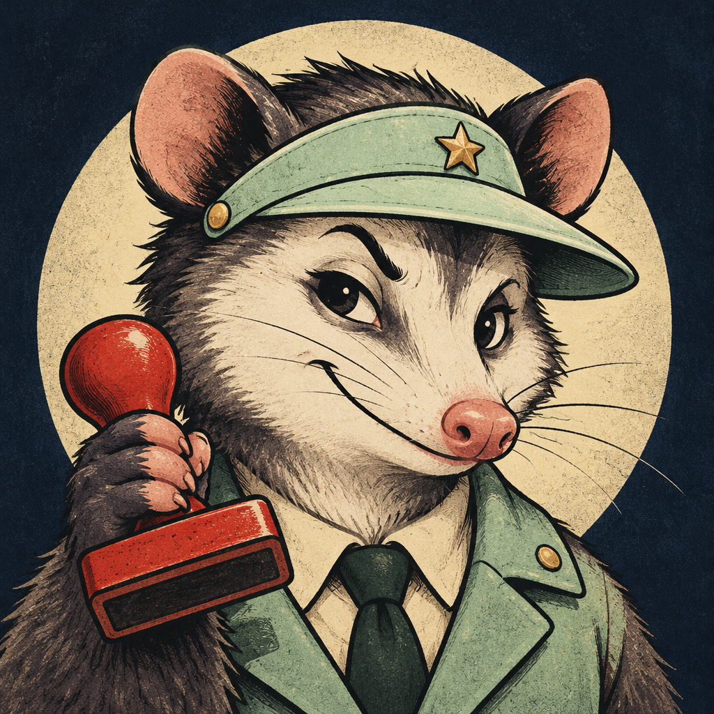 Smug possum auditor in a green visor with a rubber stamp